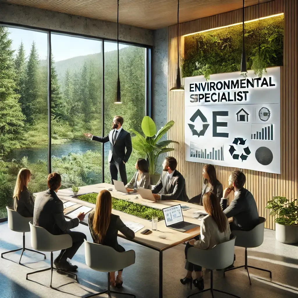 An environmental specialist leading a presentation in a nature-themed office with large windows overlooking a forest.